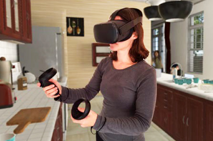 Female having a virtual reality cognitive assessment and training of everyday function in the kitchen